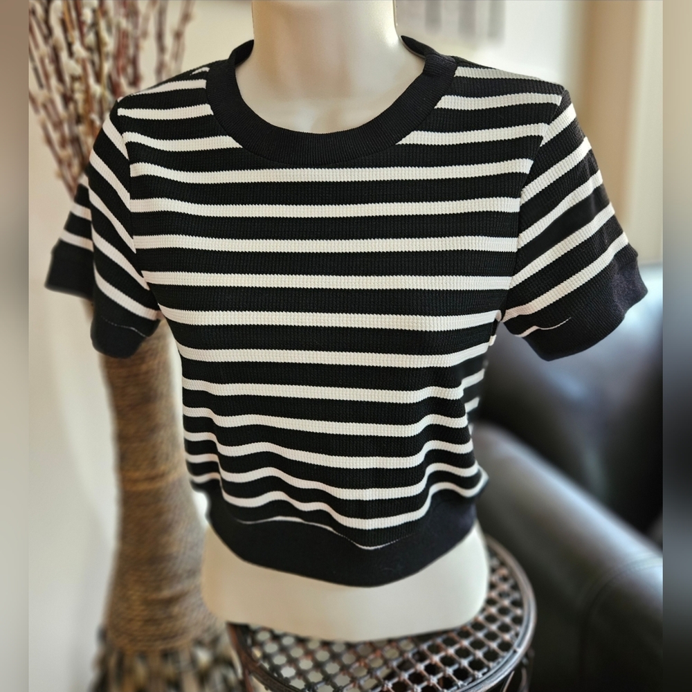 Atelier Black and White Striped Short Sleeve Top